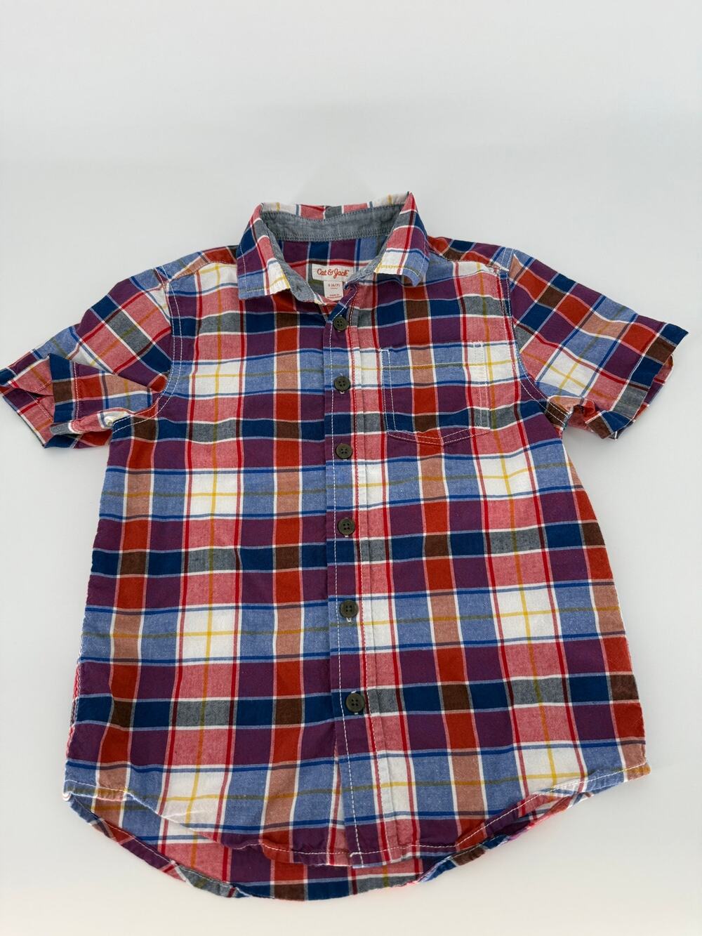 Cat & Jack Boys Plaid Button Up Shirt Size 6 7 Red Blue Cotton Short Sleeve